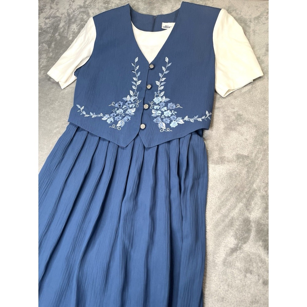 VTG Allison-Che Cottage Core Dress Blue Floral Embroidery Vest Size 10 90s